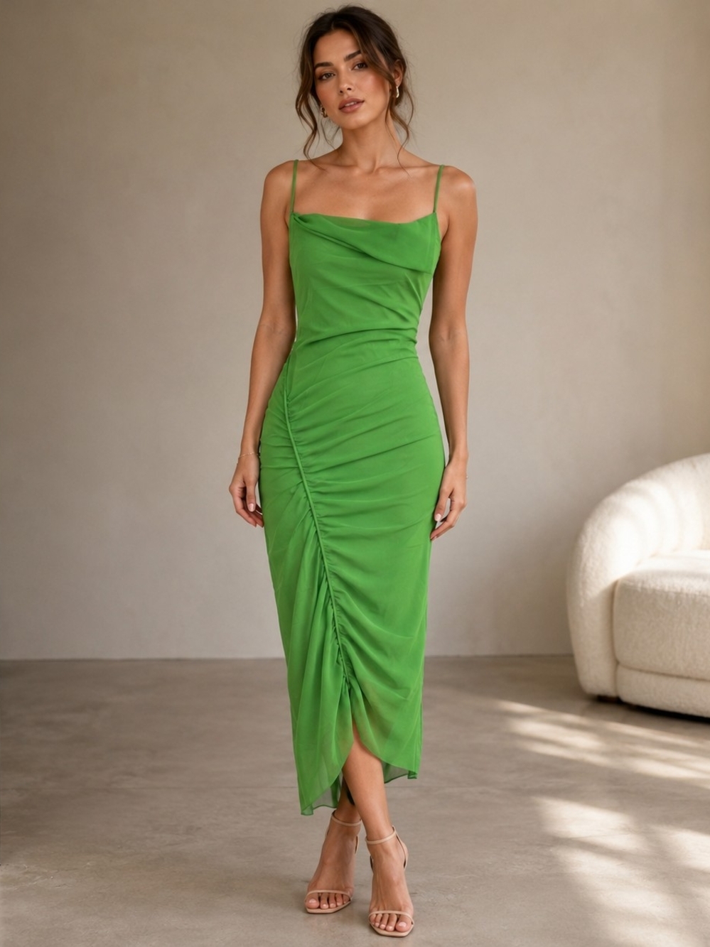 All Saints Lime Green Ruched Slip Midi Dress